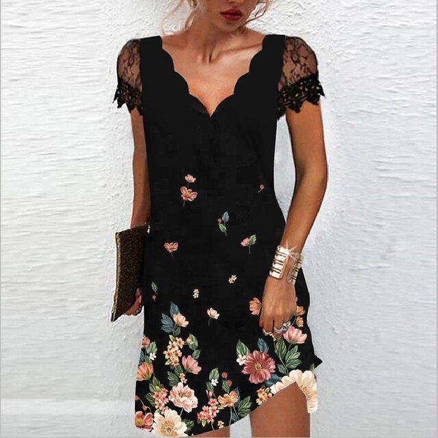 Damen Mini Kleid mit V-Ausschnitt und kurzen Ärmeln
