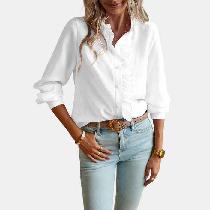 Gestreifte Damenbluse mit Rüschen und elegantem Knopfverschluss