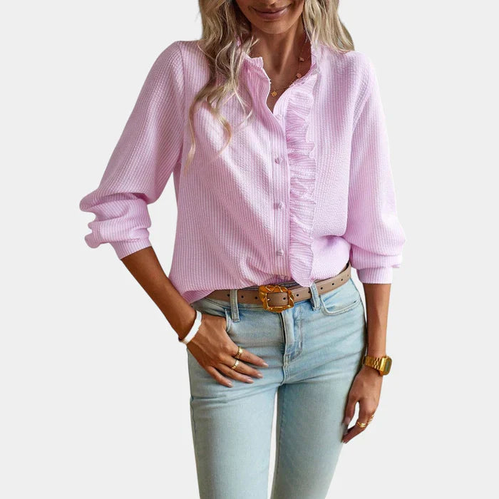 Gestreifte Damenbluse mit Rüschen und elegantem Knopfverschluss