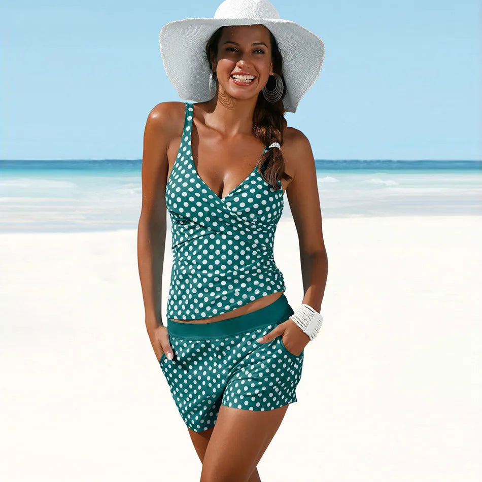 Damen V-Ausschnitt Tankini Set mit Polka Dots