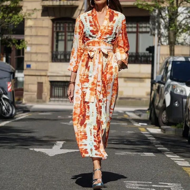 Damen Sommer-Midi-Kleid mit V-Ausschnitt und langen Ärmeln