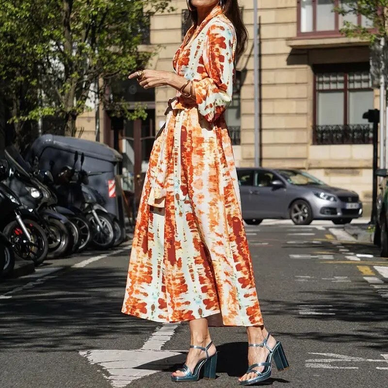 Damen Sommer-Midi-Kleid mit V-Ausschnitt und langen Ärmeln
