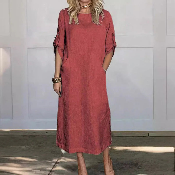 Damen Midi Kleid aus Leinen mit Rundhalsausschnitt und 3/4-Ärmeln
