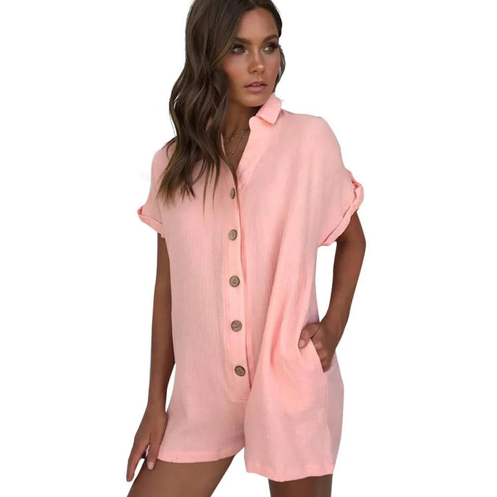 Damen Sommer Jumpsuit mit Kurzarm und Knopfverschluss