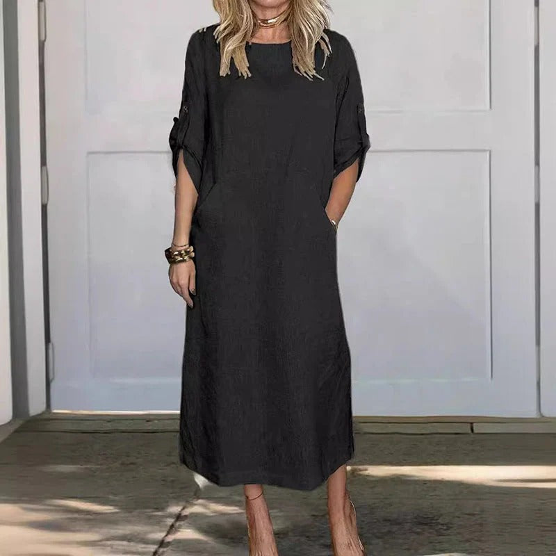 Damen Midi Kleid aus Leinen mit Rundhalsausschnitt und 3/4-Ärmeln