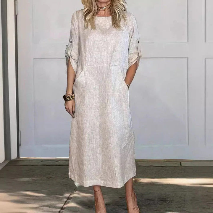 Damen Midi Kleid aus Leinen mit Rundhalsausschnitt und 3/4-Ärmeln