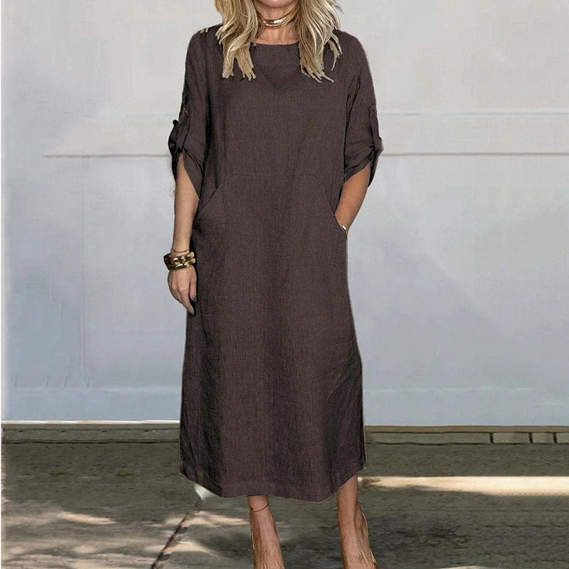 Damen Midi Kleid aus Leinen mit Rundhalsausschnitt und 3/4-Ärmeln