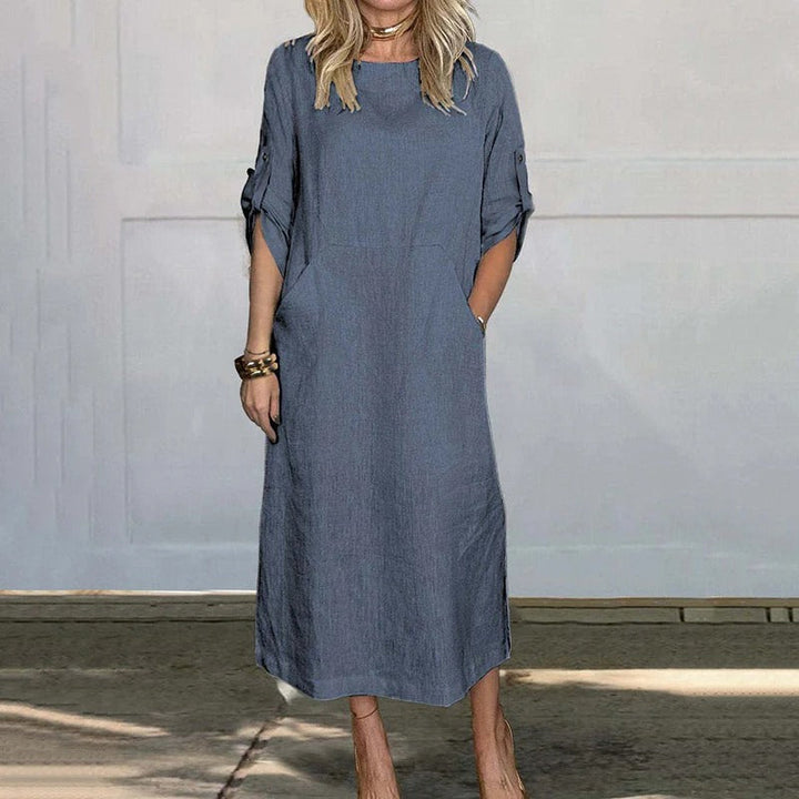 Damen Midi Kleid aus Leinen mit Rundhalsausschnitt und 3/4-Ärmeln