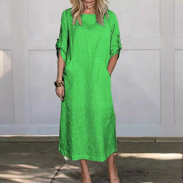 Damen Midi Kleid aus Leinen mit Rundhalsausschnitt und 3/4-Ärmeln