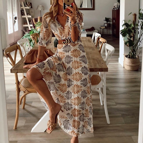 Damen Sommer Midi Kleid mit V-Ausschnitt und Blattmuster