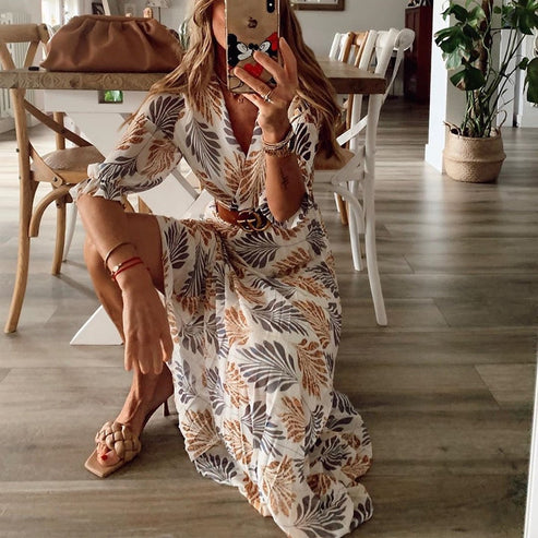 Damen Sommer Midi Kleid mit V-Ausschnitt und Blattmuster