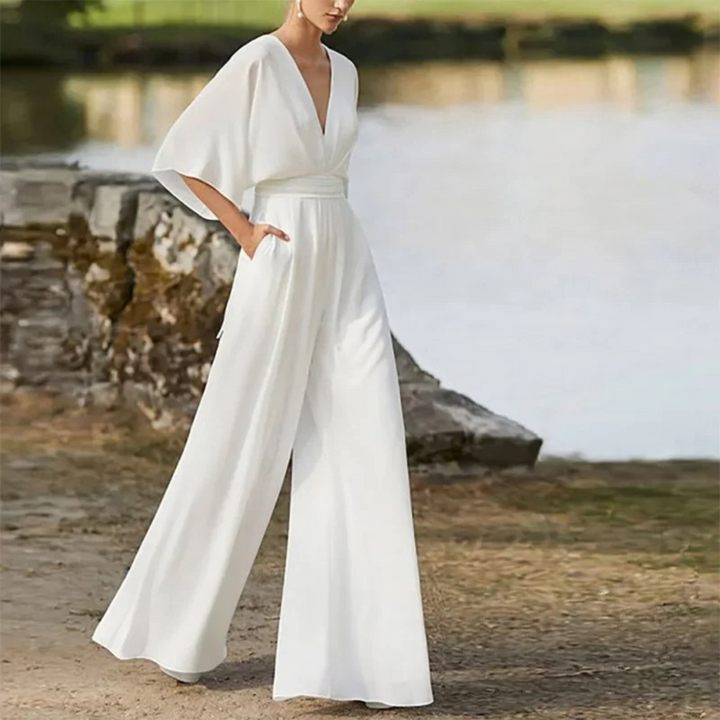 Damen Sommer-Jumpsuit mit V-Ausschnitt und Dreiviertelärmeln