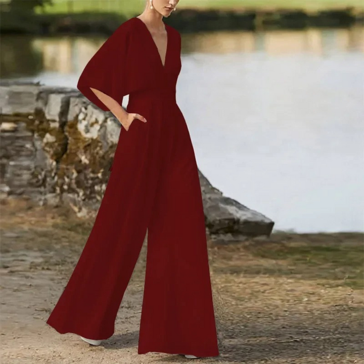 Damen Sommer-Jumpsuit mit V-Ausschnitt und Dreiviertelärmeln