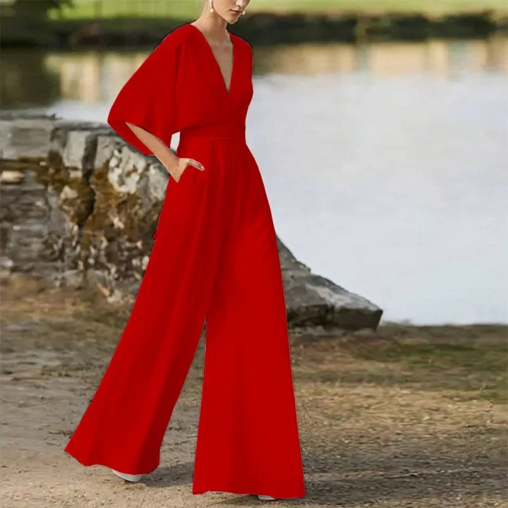 Damen Sommer-Jumpsuit mit V-Ausschnitt und Dreiviertelärmeln