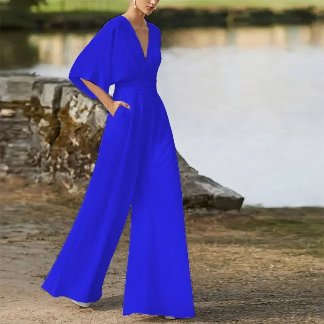 Damen Sommer-Jumpsuit mit V-Ausschnitt und Dreiviertelärmeln