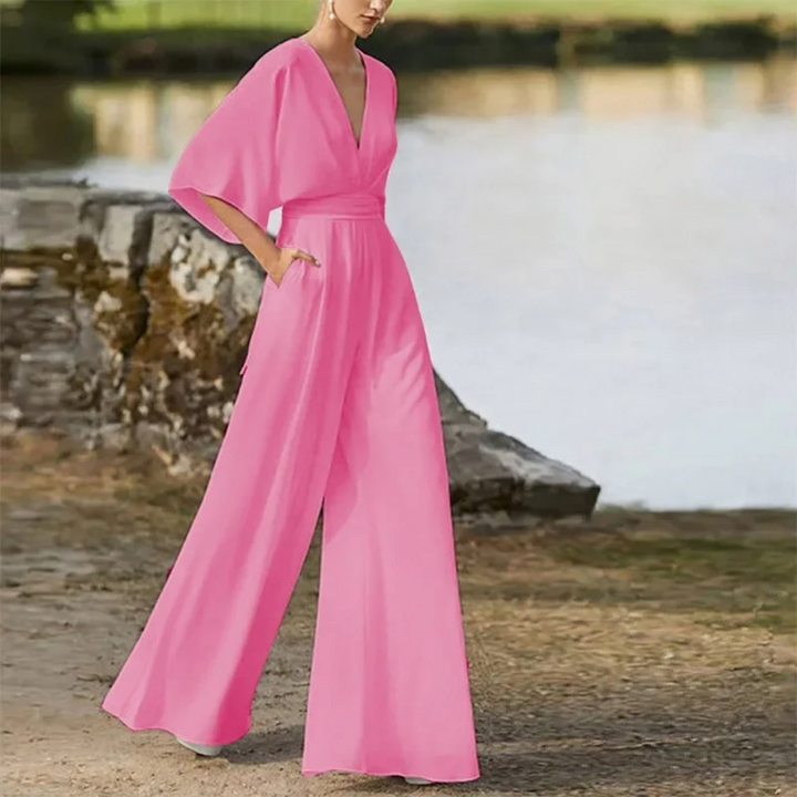 Damen Sommer-Jumpsuit mit V-Ausschnitt und Dreiviertelärmeln