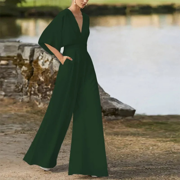 Damen Sommer-Jumpsuit mit V-Ausschnitt und Dreiviertelärmeln