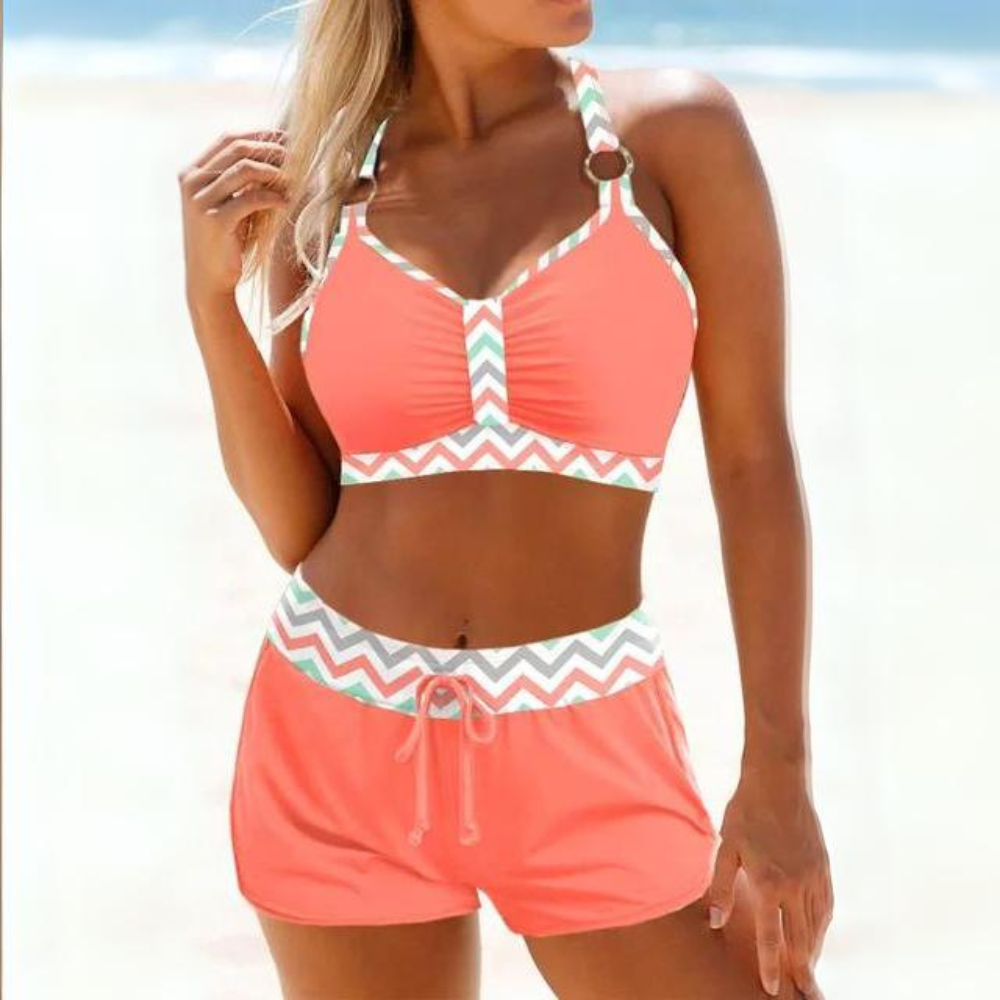 Damen Sommer Bikini mit Halterneck-Top und Drawstring-Shorts