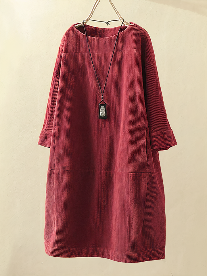 Damen Sommerkleid aus Cord mit O-Ausschnitt und langen Ärmeln