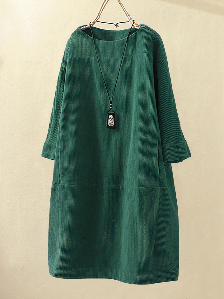 Damen Sommerkleid aus Cord mit O-Ausschnitt und langen Ärmeln