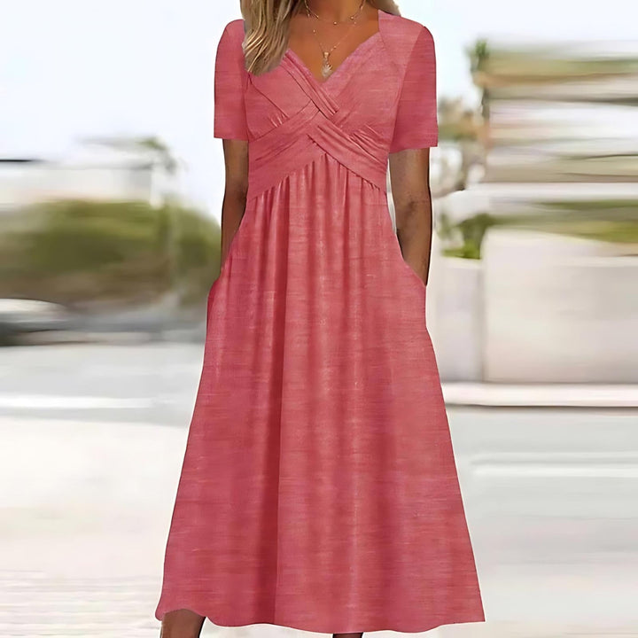 Damen Sommer-Midikleid mit kurzen Ärmeln und V-Ausschnitt