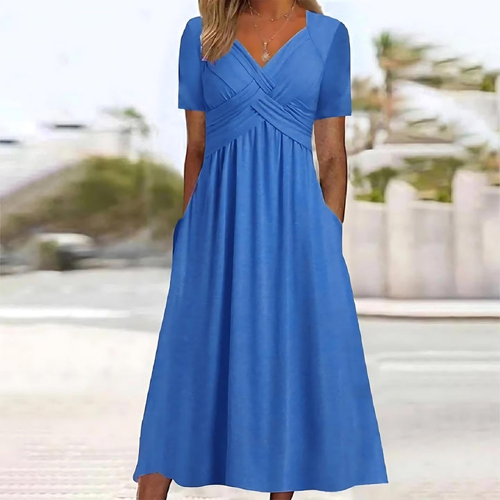 Damen Sommer-Midikleid mit kurzen Ärmeln und V-Ausschnitt