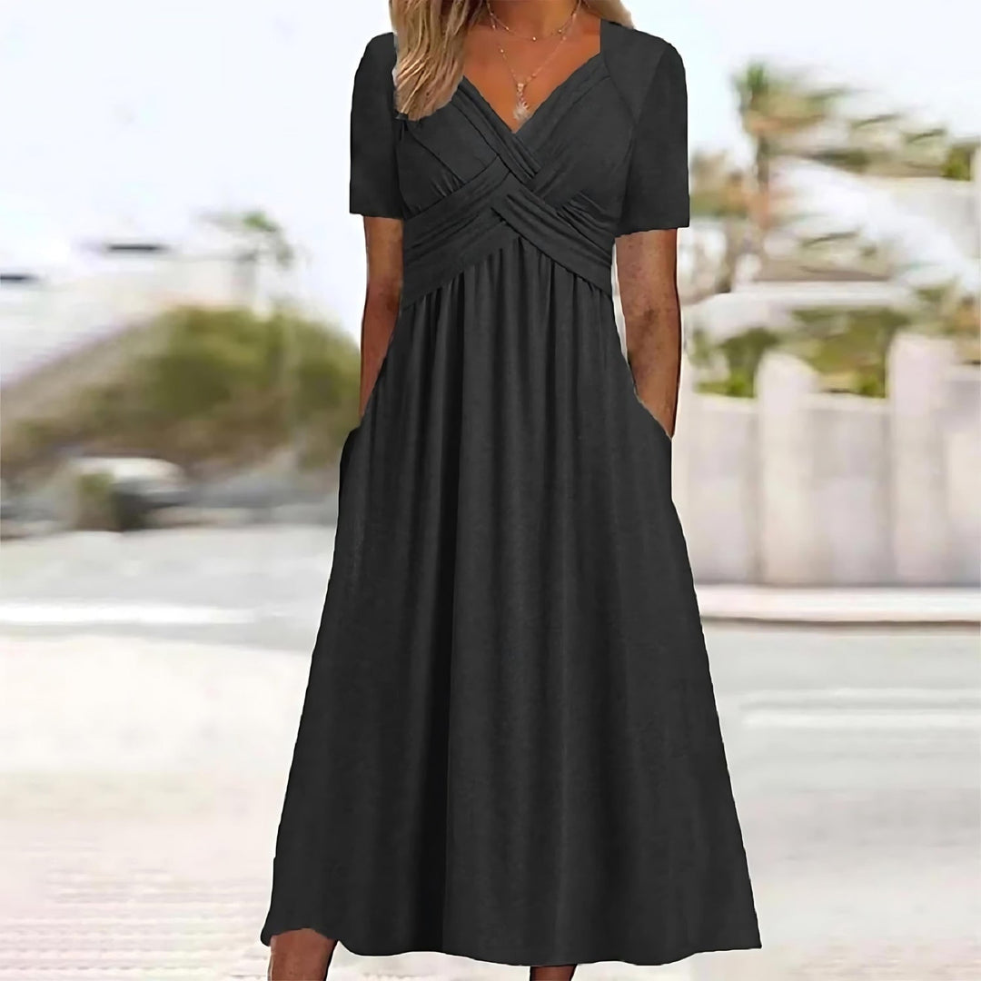 Damen Sommer-Midikleid mit kurzen Ärmeln und V-Ausschnitt