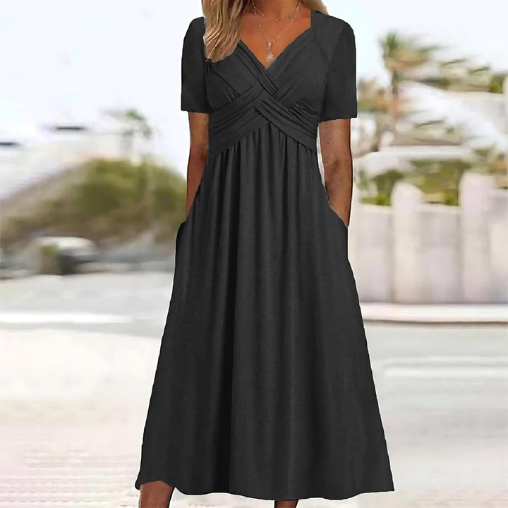 Damen Sommer-Midikleid mit kurzen Ärmeln und V-Ausschnitt