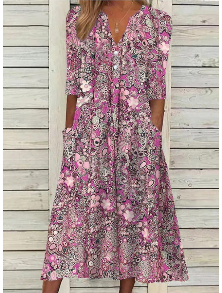 Damen Sommer-Midikleid mit V-Ausschnitt und Dreiviertelärmeln