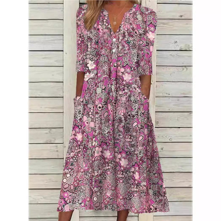 Damen Sommer-Midikleid mit V-Ausschnitt und Dreiviertelärmeln