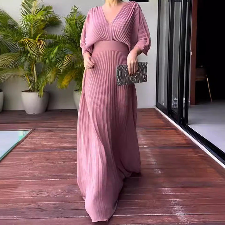 Damen Pleated Maxi-Kleid mit V-Ausschnitt für den Sommer