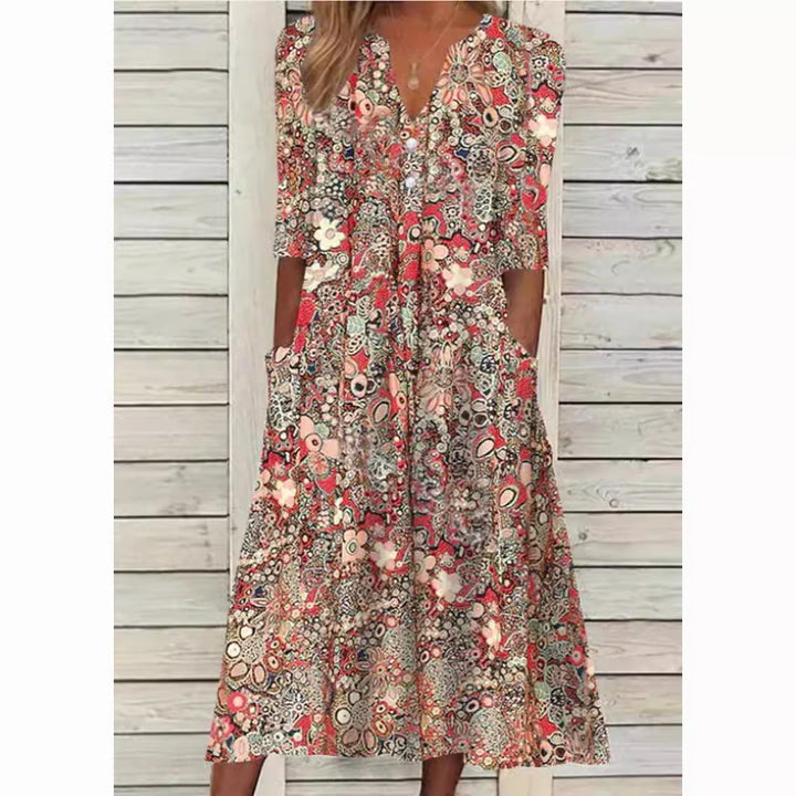 Damen Sommer-Midikleid mit V-Ausschnitt und Dreiviertelärmeln