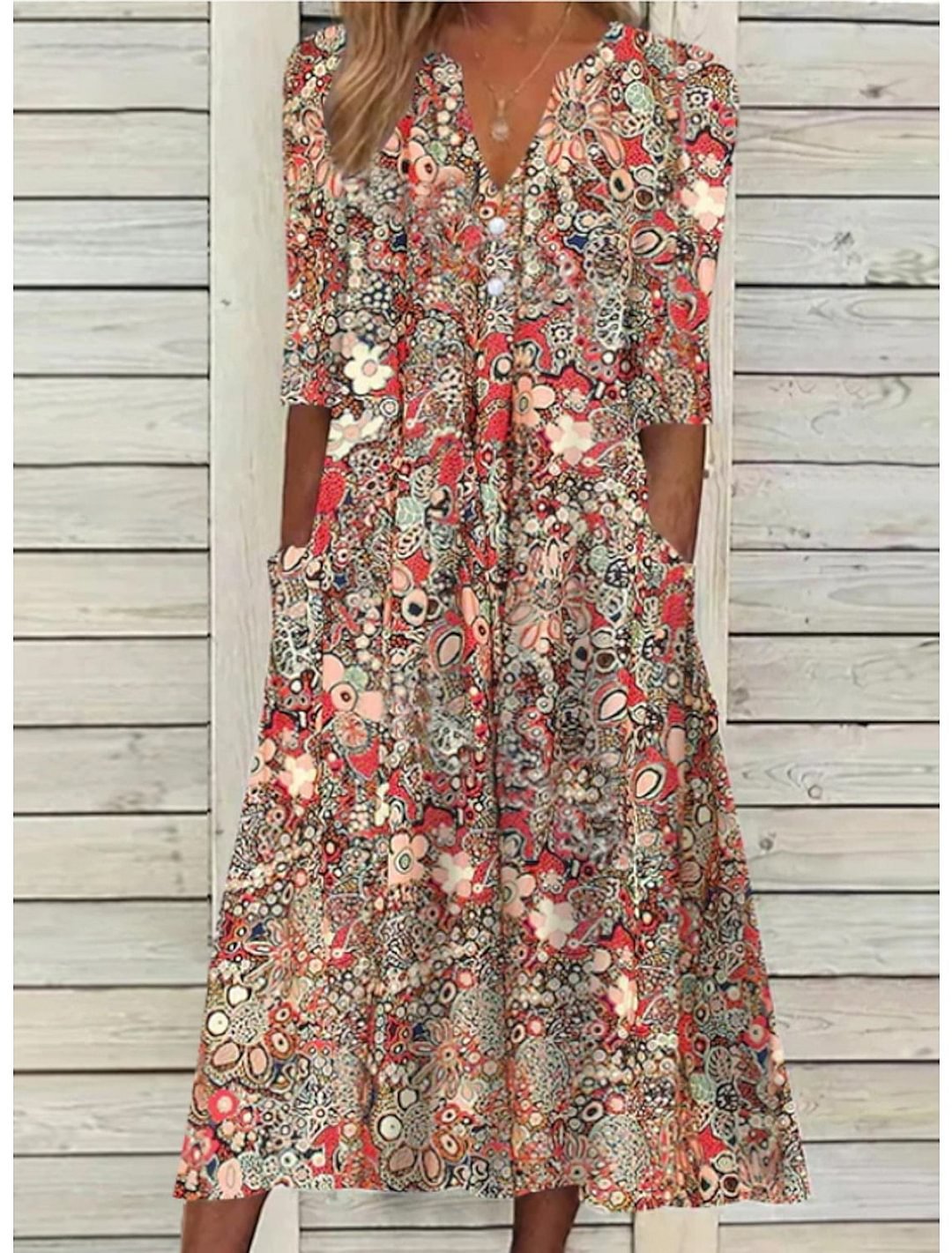 Damen Sommer-Midikleid mit V-Ausschnitt und Dreiviertelärmeln