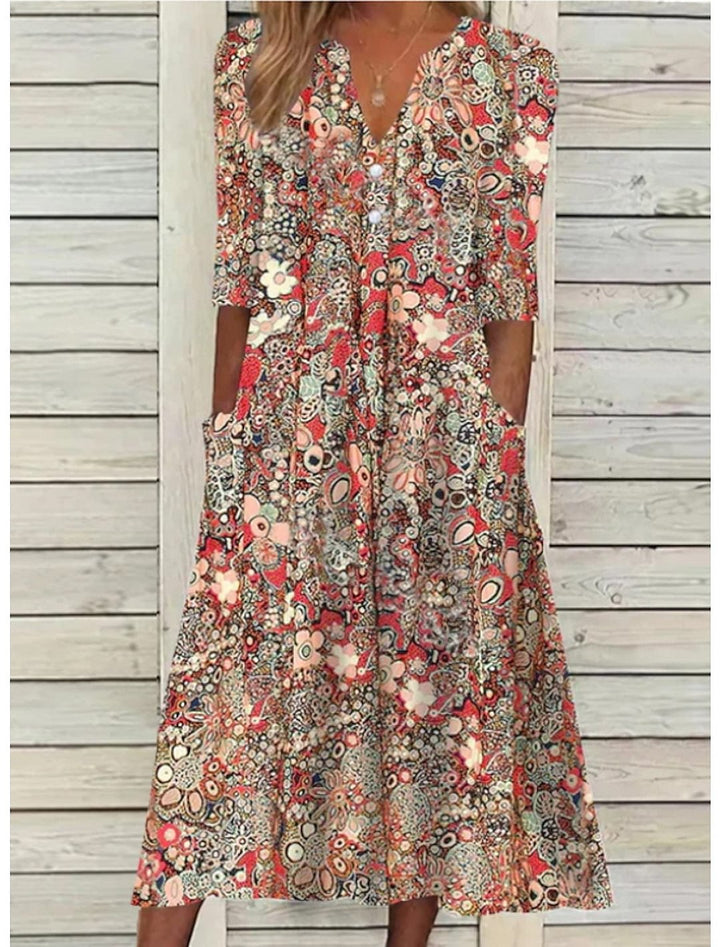 Damen Sommer-Midikleid mit V-Ausschnitt und Dreiviertelärmeln