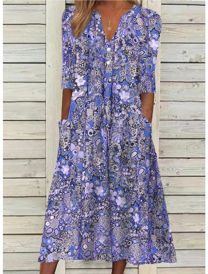 Damen Sommer-Midikleid mit V-Ausschnitt und Dreiviertelärmeln