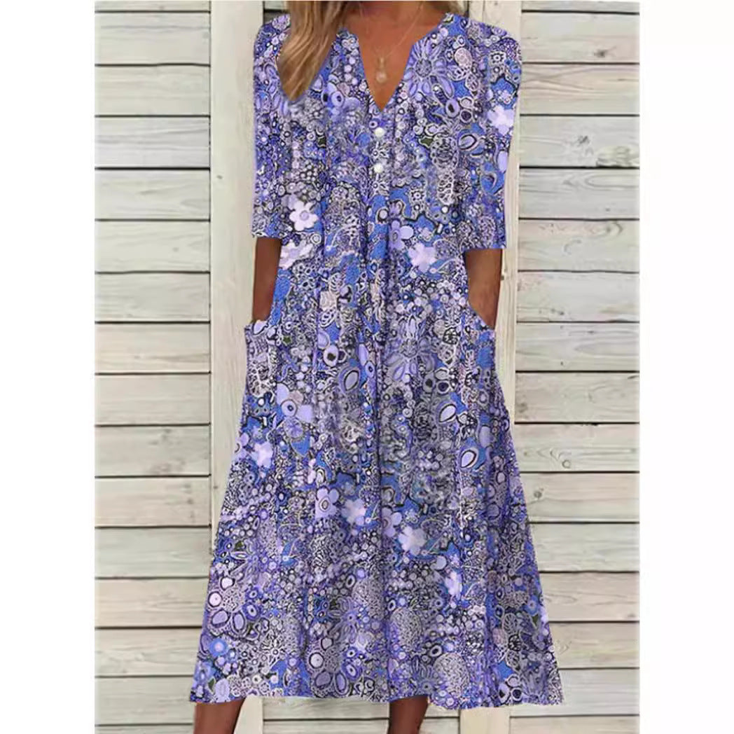 Damen Sommer-Midikleid mit V-Ausschnitt und Dreiviertelärmeln
