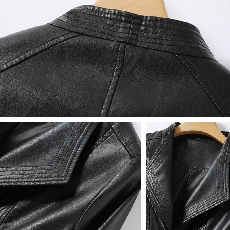 Damenjacke aus veganem Leder mit langen Ärmeln und Stehkragen