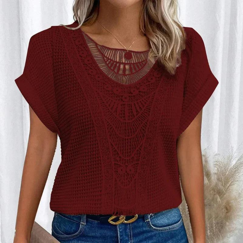 Damen Sommerbluse mit Rundhalsausschnitt und Spitzenbesatz