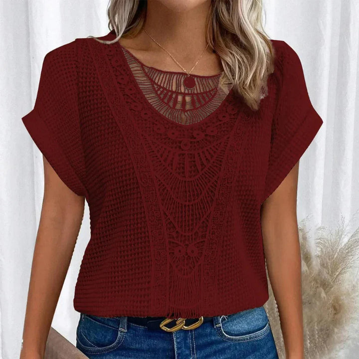 Damen Sommerbluse mit Rundhalsausschnitt und Spitzenbesatz