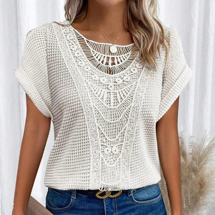 Damen Sommerbluse mit Rundhalsausschnitt und Spitzenbesatz