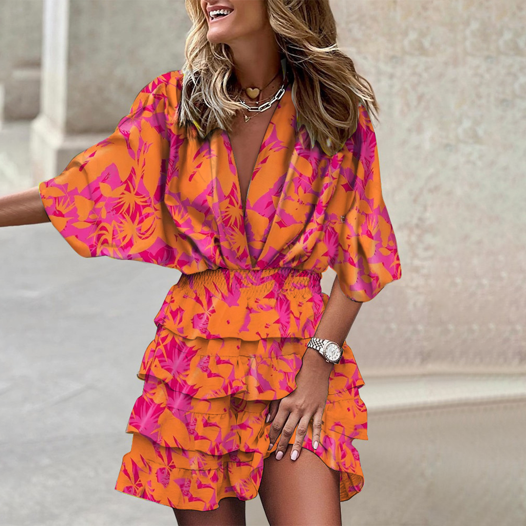 Minikleid mit V-Ausschnitt und geometrischem Print