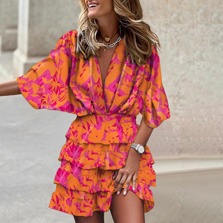 Minikleid mit V-Ausschnitt und geometrischem Print