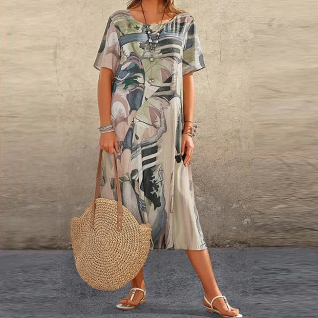 Damen Sommer Midi Kleid mit kurzen Ärmeln und Rundhals