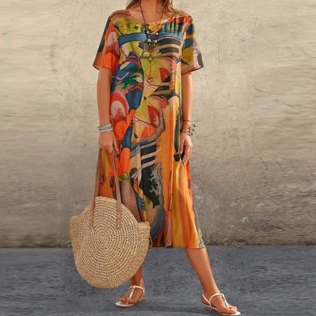 Damen Sommer Midi Kleid mit kurzen Ärmeln und Rundhals