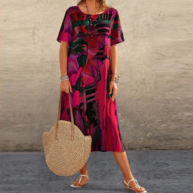 Damen Sommer Midi Kleid mit kurzen Ärmeln und Rundhals