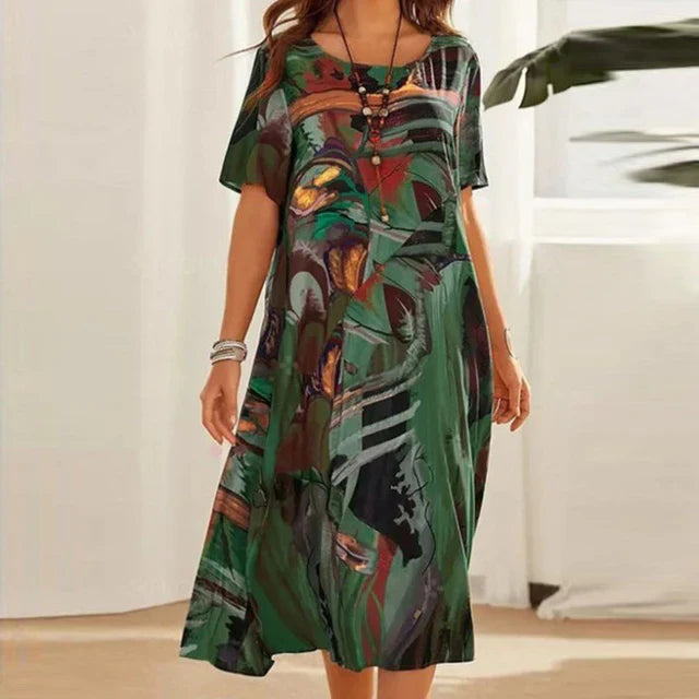 Damen Sommer Midi Kleid mit kurzen Ärmeln und Rundhals