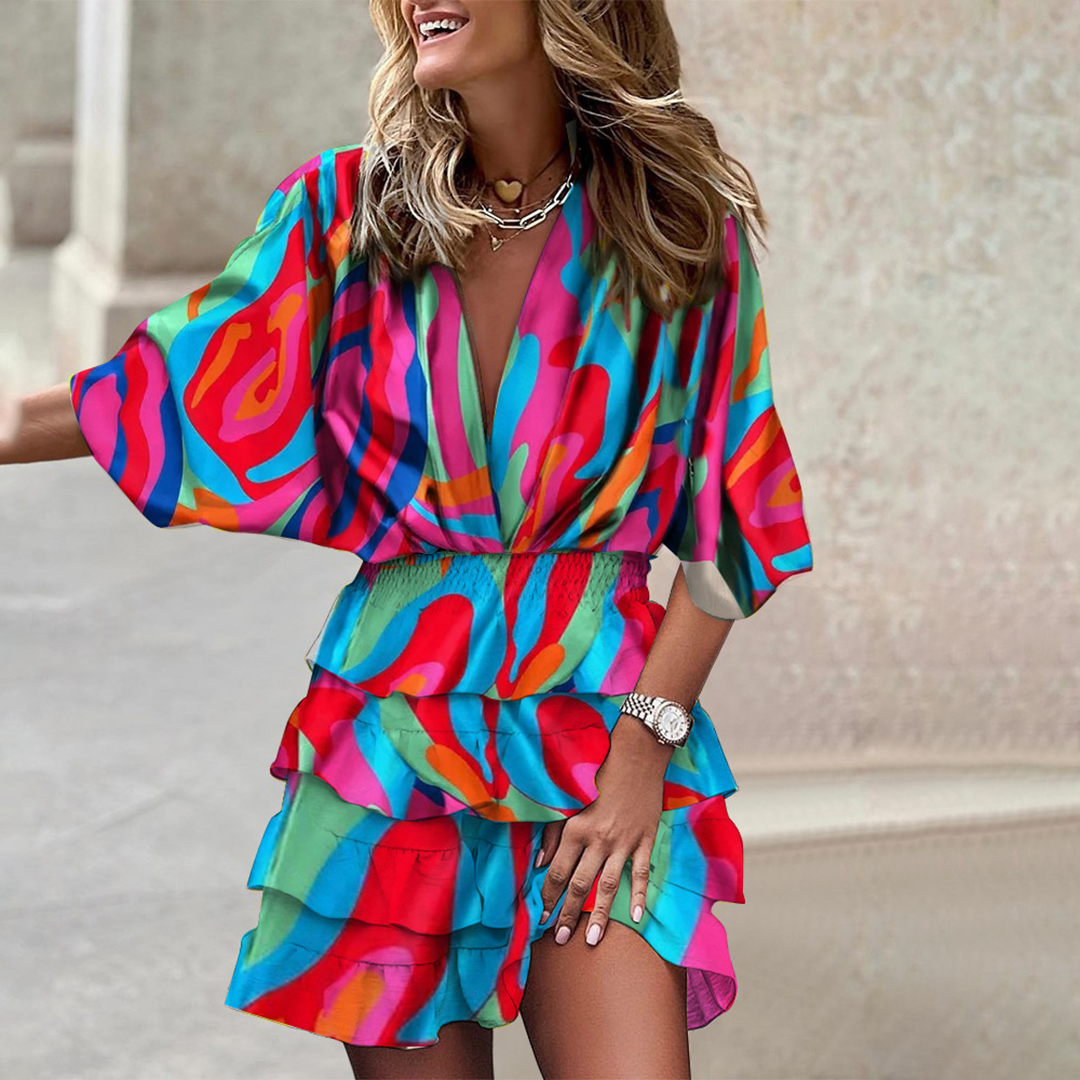 Minikleid mit V-Ausschnitt und geometrischem Print