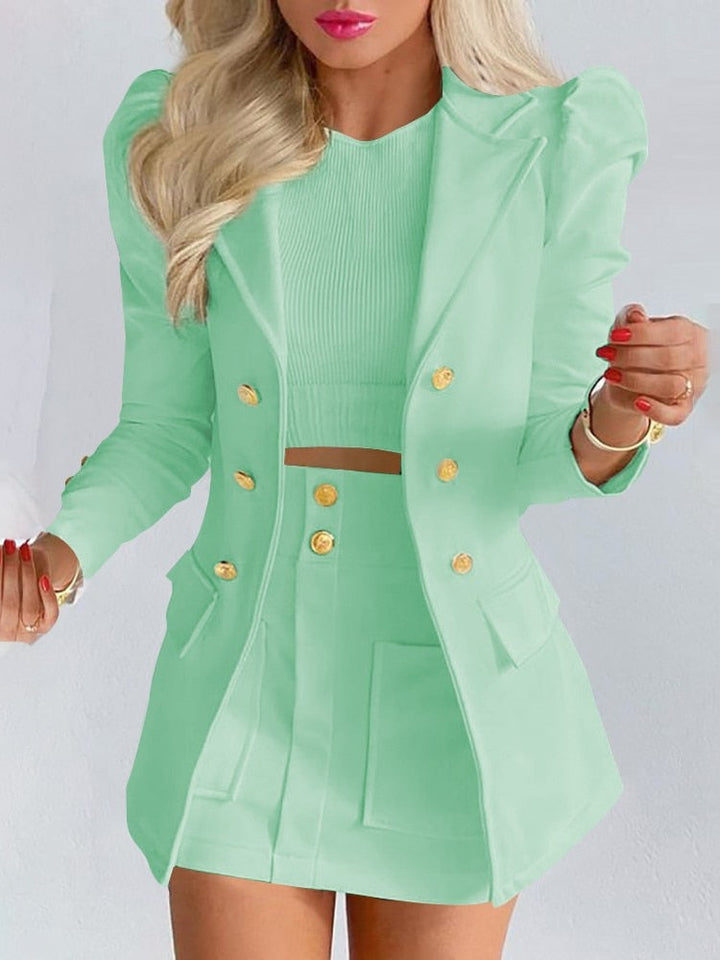 Damen Sommer-Blazer-und-Rock-Set mit goldfarbenen Knöpfen