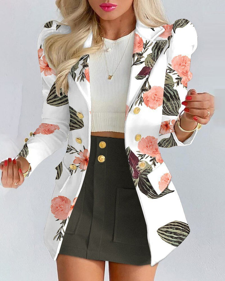 Damen Sommer-Blazer-und-Rock-Set mit goldfarbenen Knöpfen