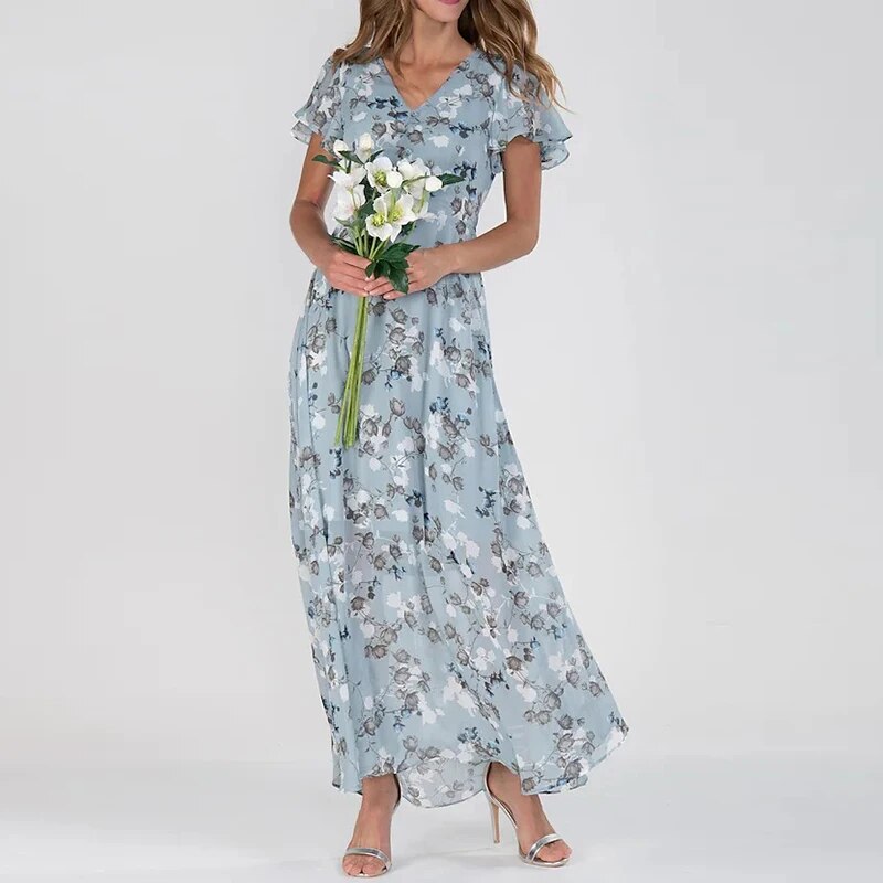 Damen Sommer Maxikleid mit V-Ausschnitt und kurzen Ärmeln